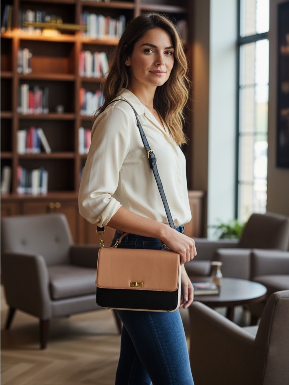 J. Crew Edie Colour Block Camel and Black Leather Satchel
